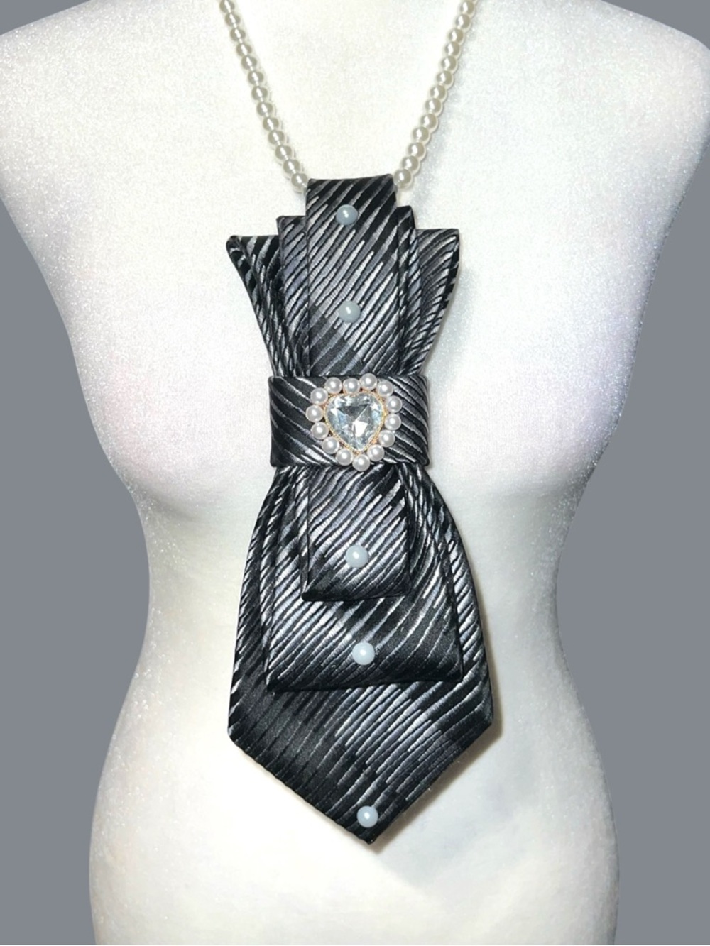 Pearl-Accented Black Satin Tie Pendant Necklace